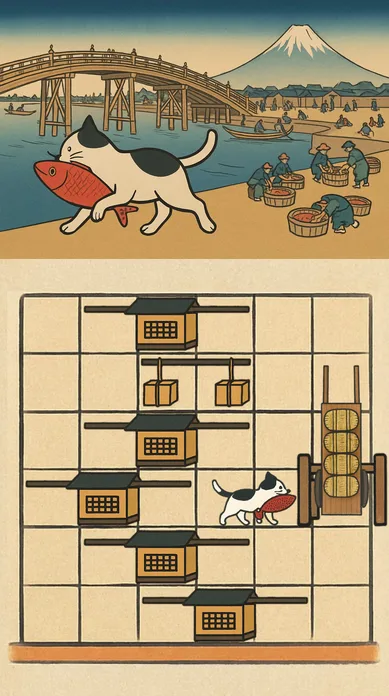 ねこ迷惑ニャの画面。上に、富士山と橋を背に鯛をくわえて走る泥棒猫の浮世絵。下に、駕籠や大八車が並ぶ盤と、鯛をくわえた猫